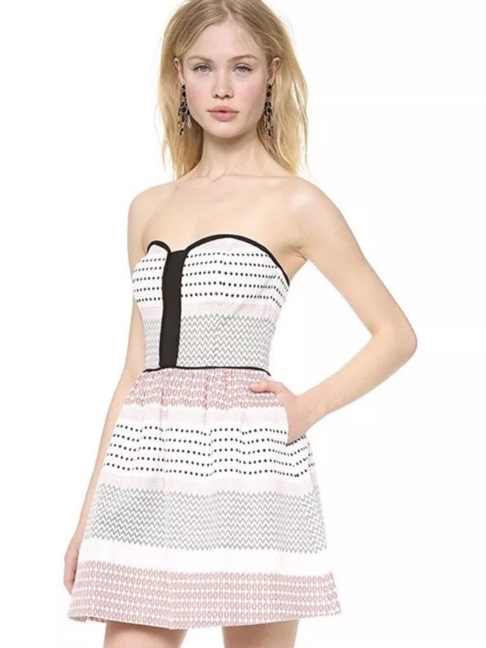 Ella Moss Strapless Patterned Dress in White, Coral & Black
